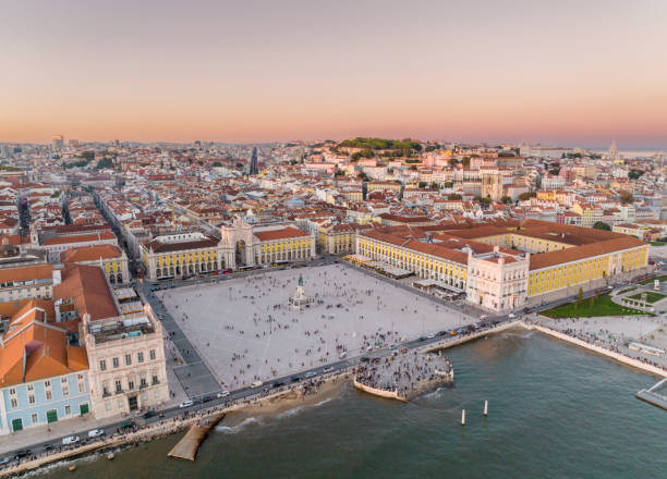 Commerce Square in Lisbon, Portugal. Palace Yard, Royal Palace of Ribeira. Drone Point of View
