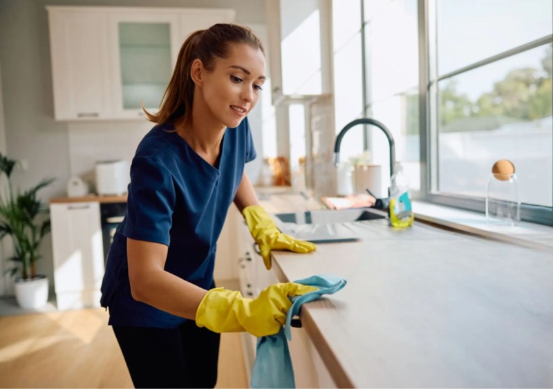 a female cleaner cleaning kitchen shelf wearing blue uniform offering cleaning servises in lisbon